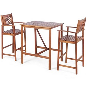 3 pc Acacia Wood Patio Bar Set with Patterned Backrest and Bar Stools