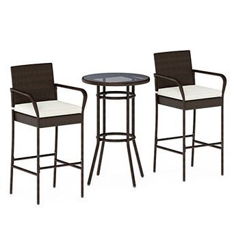 3 pc Patio Rattan Bar Set with Two Chairs Tempered Glass Table and Cushioned Seats