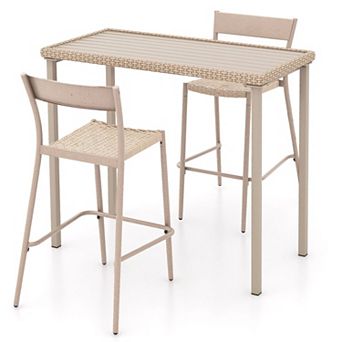 3 pc Outdoor Bar Set with Stackable Rattan Chairs and Bar Height Table