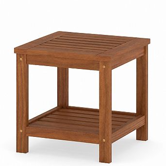 2 tier Solid Wood End Table with Open Storage Shelves for Indoor and Outdoor Living Spaces