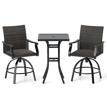 3 pc Outdoor Swivel Bar Set with Square Table Wicker Stools and Umbrella Hole