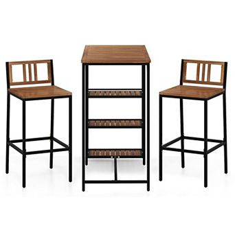 3 pc Outdoor Bar Set with Storage Shelves and Chairs Table Acacia Wood Top and Bar