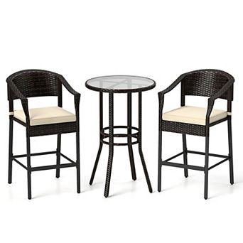 3 pc Patio Bar Set with Rattan Chairs Tempered Glass Table and Cushions With Footrests