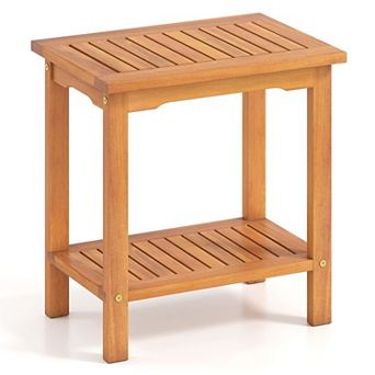 2 tier Acacia Wood Outdoor Side Table with Bottom Storage Shelf & Slatted Tabletop for Patio Seating
