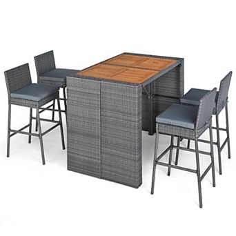 5 pc Outdoor Patio Bar Set with Acacia Wood Table With Four Cushioned and Bar Stools