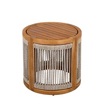 Eazegath 16.9" Outdoor Wood Round Side Table, Woven Rope End Table with Slatted Design