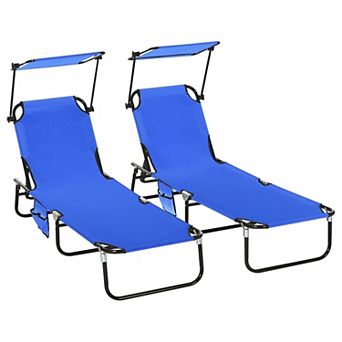 Folding Sun Loungers Set of 2 with Canopy Reclining Patio Beach Chairs