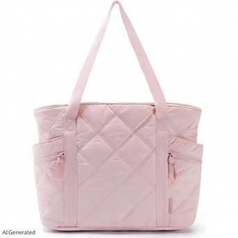 Oversized Quilted Tote Bag with Exterior Zip Pockets and Long Shoulder Straps