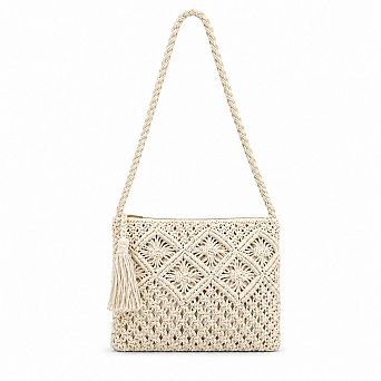 Macrame Crossbody Bag with Zip Closure and Interior Slip Pocket