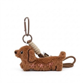 2 pc Dachshund Plush Bag Charm Keychain Bow Embroidery Rope Loop Purse Accessory