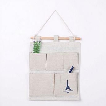 Hanging Wall Organizer with Eiffel Tower Print and Five Canvas Storage Pockets 12.5x9.5 in