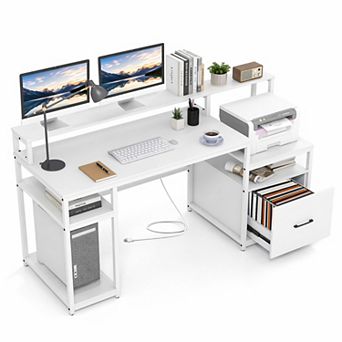 67" Computer Desk with Charging Station & File Drawer, Home Office Desk with CPU Stand & Printer