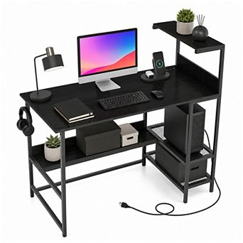 48" Computer Desk with Power Outlets and Storage Shelves, Reversible Home Office Desk Gaming Desk