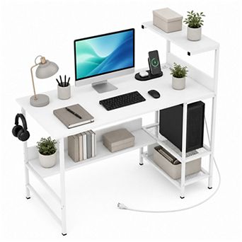 48" Computer Desk with Power Outlets and Storage Shelves, Reversible Home Office Desk Gaming Desk
