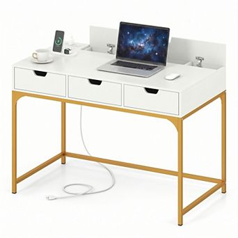 43.5" Computer Desk with Power Outlets & Drawers，Study & Writing Desk with Metal Frame