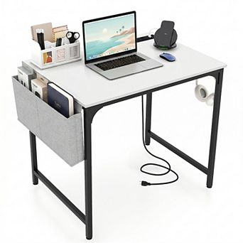 32" Computer Desk with Charging Station & Storage Bag, Study & Gaming Desk with Metal Frame