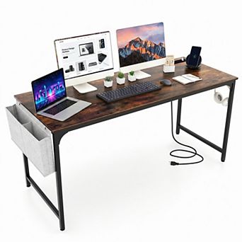 60" Computer Desk with Charging Station & Storage Bag, Study & Gaming Desk with Metal Frame