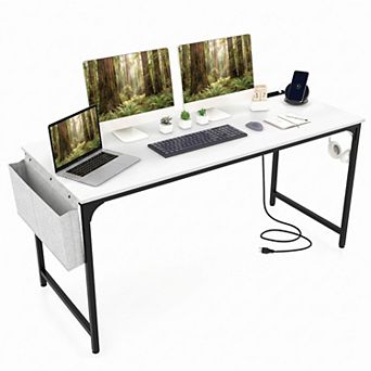 60" Computer Desk with Charging Station & Storage Bag, Study & Gaming Desk with Metal Frame