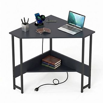 28.5" Corner Computer Desk with Charging Station & Open Shelf, Triangle Laptop PC Work Table
