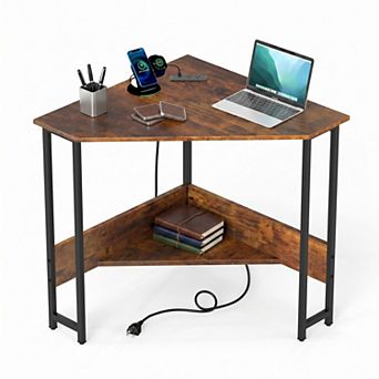 28.5" Corner Computer Desk with Charging Station & Open Shelf, Triangle Laptop PC Work Table
