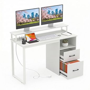48" Modern Computer Desk with Power Outlets and File Drawer, Study Writing Desk for Home Office