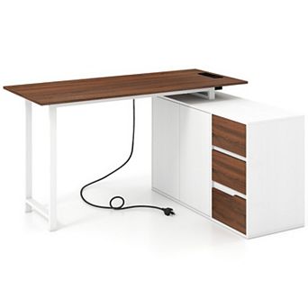 54.5" L Shape Desk with File Cabinet and Power Outlet, Reversible Computer Desk For Home Office