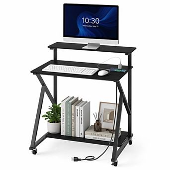 32" Rolling Computer Desk with Charging Station, Mobile Laptop PC Work Table with Storage Shelf