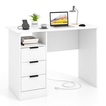 42.5" Home Office Desk with Power Outlet, Computer Desk with 3 Drawers and Open Compartment