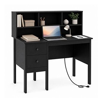 48" Home Office Desk with Charging Station & Storage Cube, Wood Modern Computer Desk with 2 Drawers