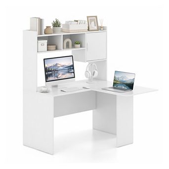 L Shape Desk with Open Storage Hutch and Cabinet , Tall Computer Desk for Home Office