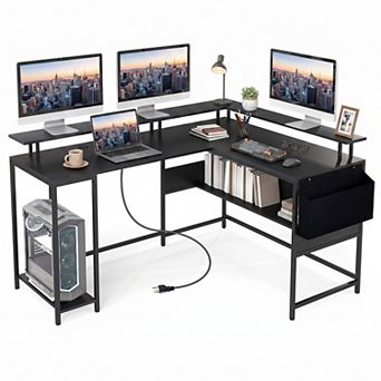 L Shape Desk with LED Lights and Power Outlets, Computer Desk with Storage Bag & CPU Stand