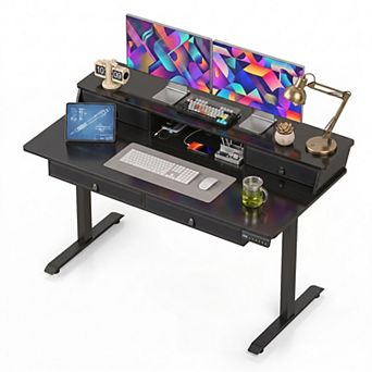 55" Electric Standing Desk with Drawers & Monitor Shelf, Height Adjustable Ergonomic Stand Up Desk