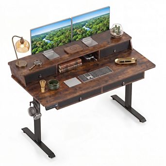 55" Electric Standing Desk with Drawers & Monitor Shelf, Height Adjustable Ergonomic Stand Up Desk