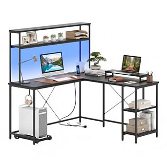 Large Reversible Computer Desk with LED Light& Power Outlets,L Shape Desk Gaming Desk with Hutch