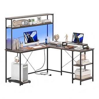 Large Reversible Computer Desk with LED Light& Power Outlets,L Shape Desk Gaming Desk with Hutch
