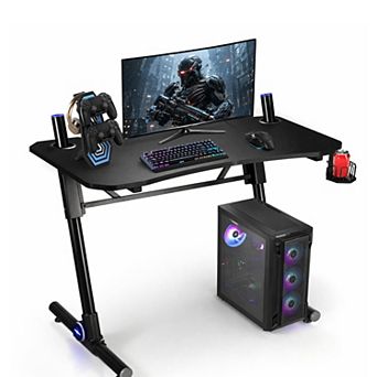 43.5" Height Adjustable Gaming Desk with LED Light, Computer Desk with Cup Holder