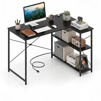47" Reversible L Shape Desk with Power Outlets& Adjustable Storage Shelves,Corner Computer Desk