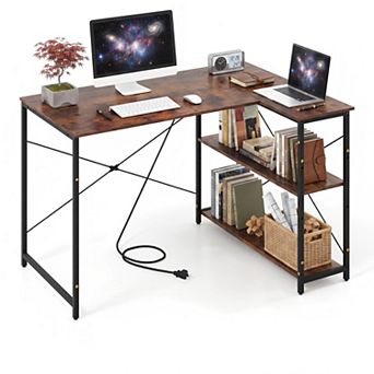 47" Reversible L Shape Desk with Power Outlets& Adjustable Storage Shelves,Corner Computer Desk