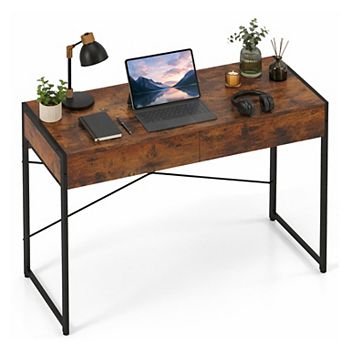 44" Computer Desk with 2-Drawer, Study Writing Desk with Steel Frame for Home Office