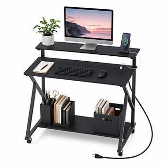 39.5" Mobile Computer Desk with Charging Station and Monitor Shelf, Rolling Home Office Desk
