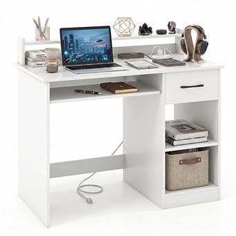 39.5" Computer Desk with Keyboard Tray & Dawers, Home Office Desk with Charging Station