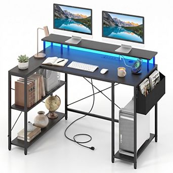 48" Computer Desk with LED Lights and Power Outlets, L Shape Desk Gaming Desk with Open Shelf