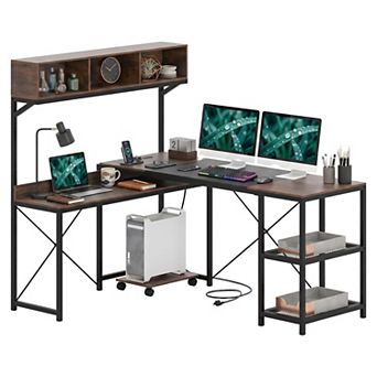 62" Reversible L-Shaped Desk with Power Outlets &Hutch,Large Computer Desk with Mobile UPC Stand