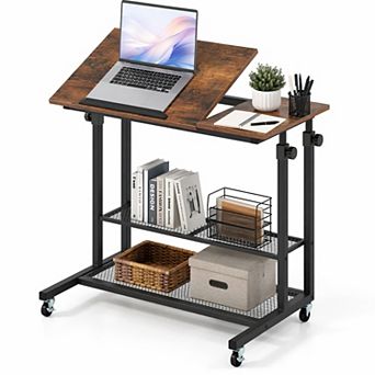 32" Mobile Stand up Desk with Open Shelf & Tilting Tabletop, Height Adjustable Standing Table