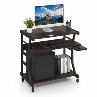 Mobile Computer Desk with Keyboard Tray & Mouse Tray, Small Rolling PC Laptop Workstation
