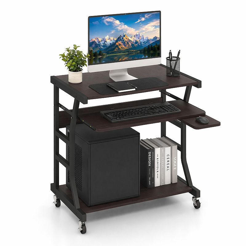 Mobile Computer Desk with Keyboard Tray & Mouse Tray, Small Rolling PC ...