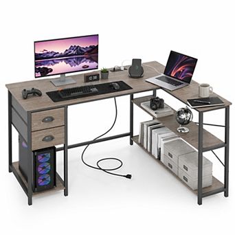 48" L Shaped Office Desk Charging Station &2 Fabric Drawers,Corner Computer Desk with Open Shelf