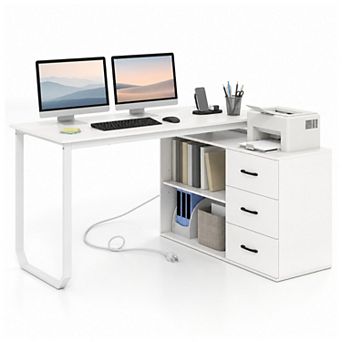 55" Inch Reversible L Shaped Desk with Charging Station & 3 Drawers, Modern Computer Desk