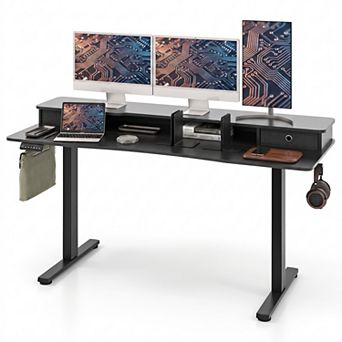 63" Height Adjustable Sit Stand Computer Desk with 2 Drawers & Hanging Hooks,Home Office Desk