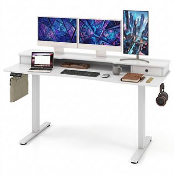 63" Height Adjustable Sit Stand Computer Desk with 2 Drawers & Hanging Hooks,Home Office Desk